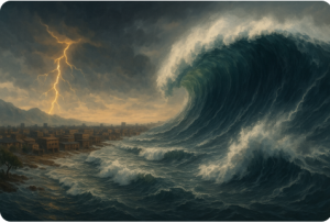 ইন্দোনেশিয়ার উপকূলে ভূমিকম্পের পর সুনামির ঢেউ আছড়ে পড়ছে—আকাশে কালো মেঘ ও আতঙ্কিত মানুষ