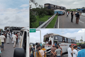 “ঢাকা-ভাঙ্গা এক্সপ্রেসওয়েতে চার বাসের সংঘর্ষের পর ক্ষতিগ্রস্ত যানবাহন ও উদ্ধার কার্যক্রম”