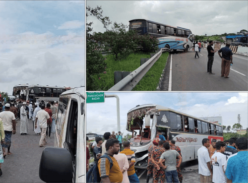 “ঢাকা-ভাঙ্গা এক্সপ্রেসওয়েতে চার বাসের সংঘর্ষের পর ক্ষতিগ্রস্ত যানবাহন ও উদ্ধার কার্যক্রম”