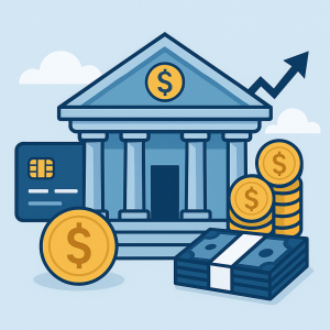 বাংলাদেশ ব্যাংকের ভবন সামনে, সামনে একটি ব্যক্তির হাতে সঞ্চয়ের টাকা তুলে নেওয়ার ছবি — আমানতকারীদের নিরাপত্তা ও ফেরতের ধারণা প্রতীকীভাবে