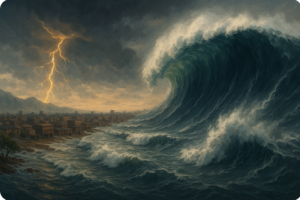 ইন্দোনেশিয়ার উপকূলে ভূমিকম্পের পর সুনামির ঢেউ আছড়ে পড়ছে—আকাশে কালো মেঘ ও আতঙ্কিত মানুষ