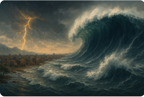 ইন্দোনেশিয়ার উপকূলে ভূমিকম্পের পর সুনামির ঢেউ আছড়ে পড়ছে—আকাশে কালো মেঘ ও আতঙ্কিত মানুষ