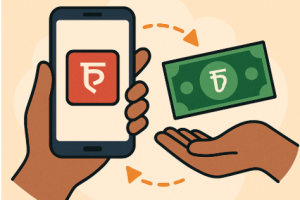 বাংলাদেশে ডিজিটাল লেনদেনের প্রতীকী দৃশ্য—একজন ব্যবহারকারী মোবাইল ফোনে বিকাশ, নগদ, রকেট ইত্যাদি এমএফএসের মাধ্যমে টাকা পাঠাচ্ছেন।