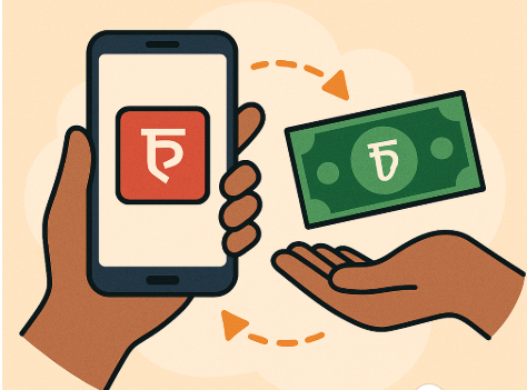 বাংলাদেশে ডিজিটাল লেনদেনের প্রতীকী দৃশ্য—একজন ব্যবহারকারী মোবাইল ফোনে বিকাশ, নগদ, রকেট ইত্যাদি এমএফএসের মাধ্যমে টাকা পাঠাচ্ছেন।