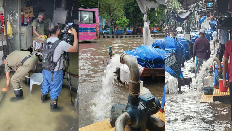 রাজধানীর সড়কে রাতভর বৃষ্টির পর হাঁটুজল জমে আছে। পানিতে ভিজে খালি পায়ে বা ভ্যানে চলাচল করছেন যাত্রীরা। কিছু যানবাহন রাস্তায় বিকল হয়ে দাঁড়িয়ে আছে, যাত্রীদের মধ্যে চরম ভোগান্তি।