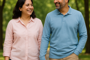 এক দম্পতি পার্কে হাত ধরে হাঁটছেন—সুখী দাম্পত্য জীবনের প্রতীক।