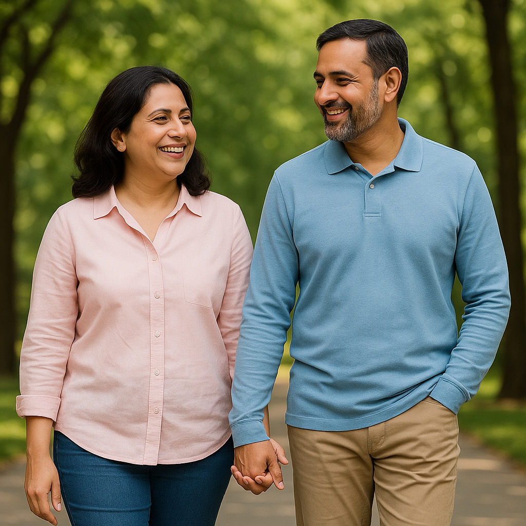 এক দম্পতি পার্কে হাত ধরে হাঁটছেন—সুখী দাম্পত্য জীবনের প্রতীক।
